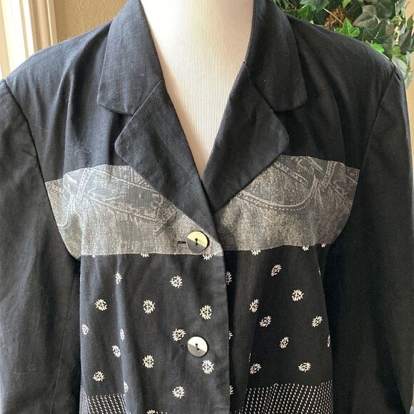 Vintage Newport Black & White Fully Lined Linen Blend Blazer Size 16 - Picture 3 of 13